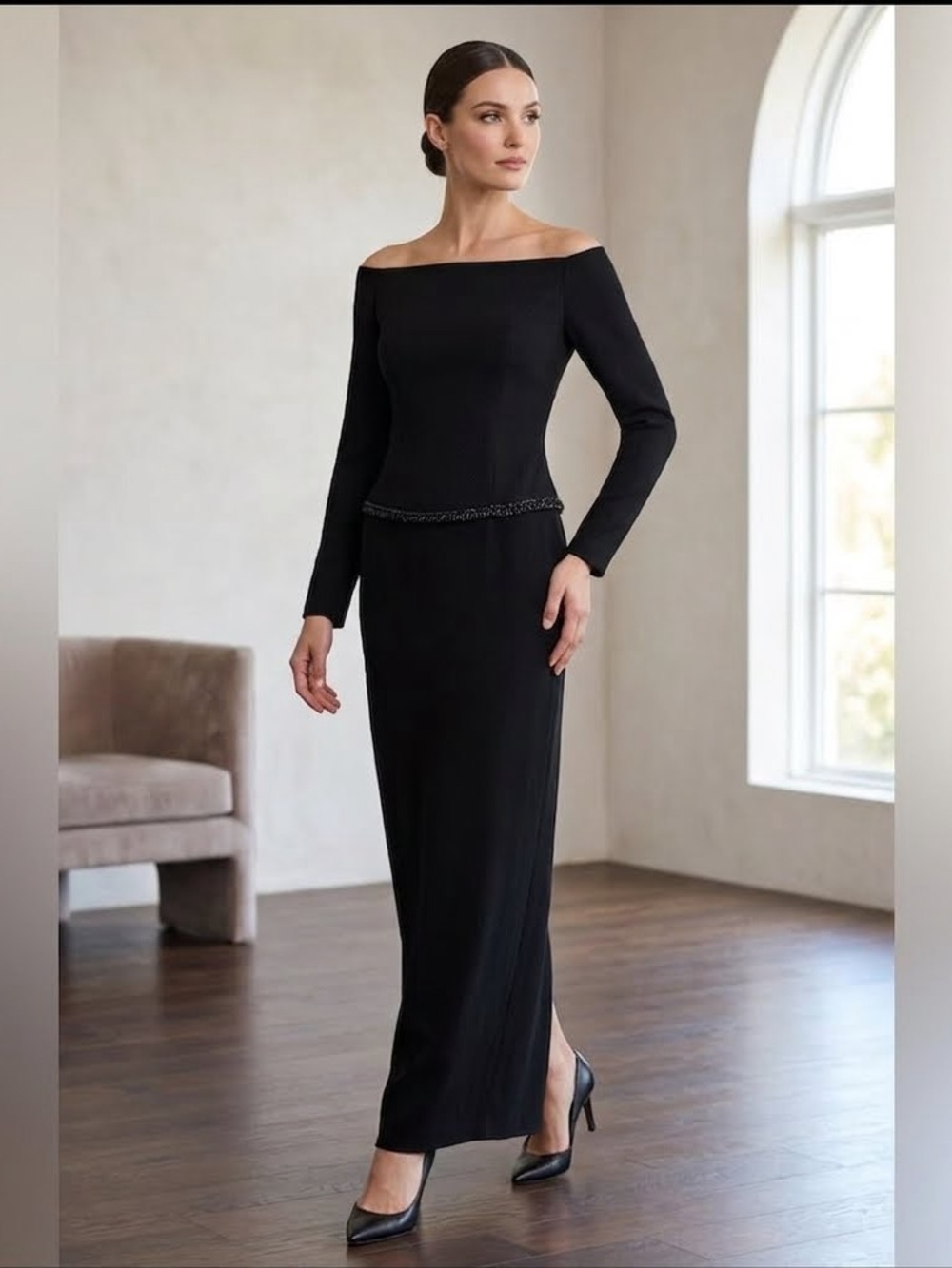 Y2K Black Off-Shoulder Scott McClintock Dress w Elegant Beaded Accents Vintage